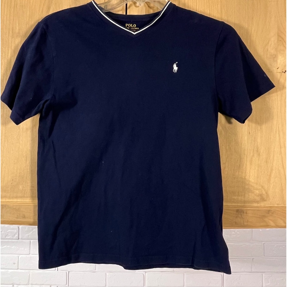 Polo Ralph Lauren V-Neck T-Shirt Men‎ Large Navy Blue Pony Logo Cotton